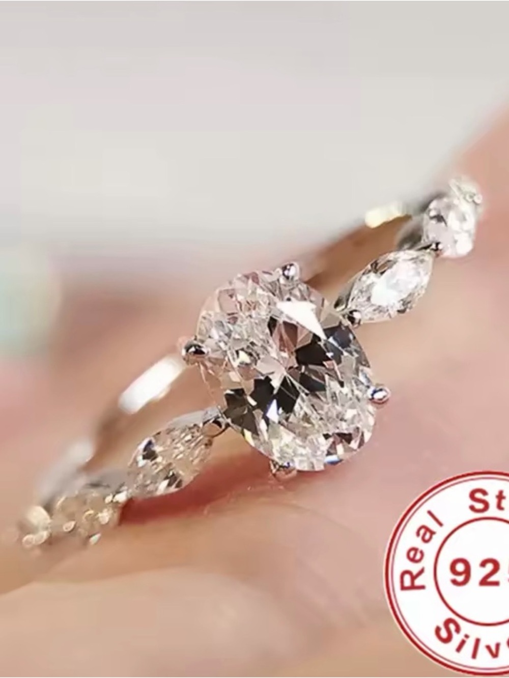 Sterling Silver Oval Cubic Zirconia Engagement Ring - White